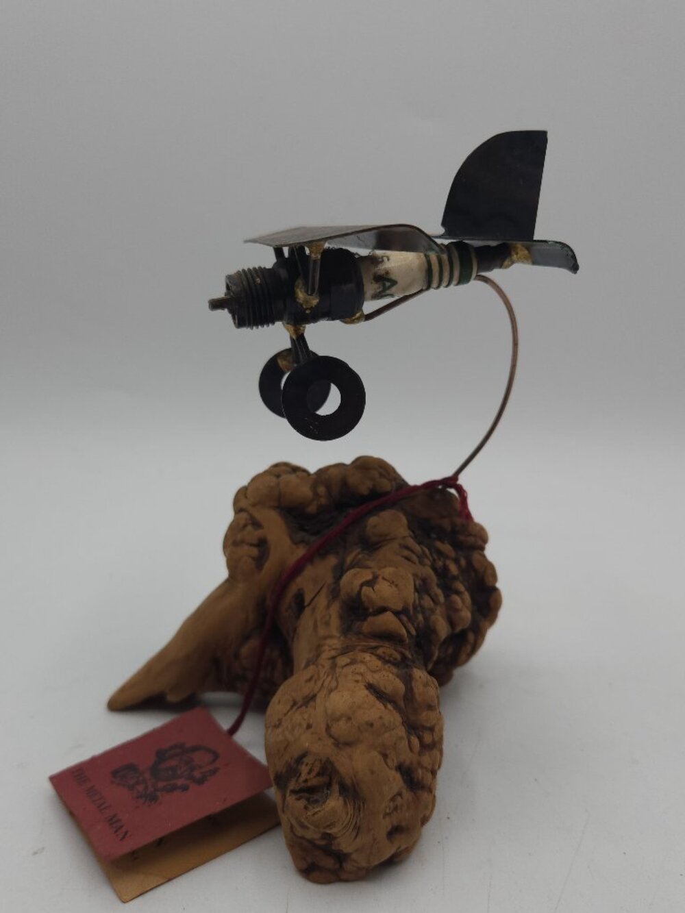 Vintage Desk Art - Old Spark Plug Airplane On Petrified Wood Handmade Metal Art